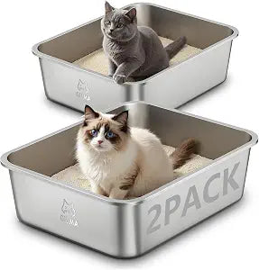 Qiuma 2 Packs Stainless Steel Cat Litter Box, 17.5" L13.6" W5.9" H, Metal Kitty Litter Box with High Sided for Small Cats, Non-Stick, Easy to Clean, Odor-Free