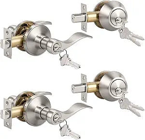 KNOBWELL 2 Pack Satin Nickel Keyed Alike Front Entry Door Lock Set, Single Cylinder Deadbolt and Lever Handle Combination for Exterior/Interior Doors