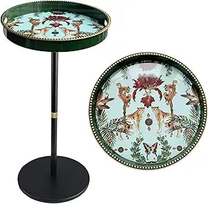 Gesodant Boho Single Leg Round Side Table with Tray Top, Pedestal Drink Table for Small Spaces, Aesthetic Accent Nightstand for Living Room, Bedroom, Corners, and Office (Green Leopard)