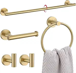 Lairuier 5 Pieces Brushed Gold Bathroom Accessories Set, 23.6 Inch Bath Towel Bar Set, SUS304 Stainless Steel Bathroom Hardware Set Round Toilet Paper Holder Set Wall Mounted