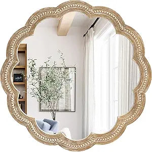 24 Inch Round Wall Mirror, Antique Brown Solid Wood Frame with Scalloped Edge & Beaded Trim, Vintage Farmhouse Mirror for Bathroom, Bedroom, Living Room
