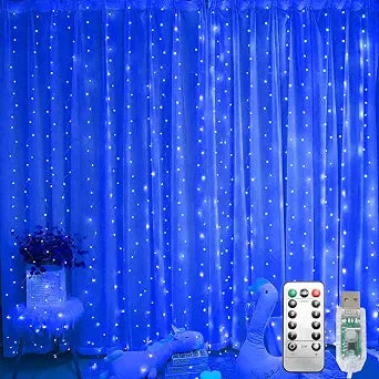 300 LED Fairy Lights, Twinkle Lights with 8 Light Modes, 9.8x9.8Ft Curtain String Lights Remote Control for Christmas, Bedroom, Indoor, Outdoor, Weddings, Party, Birthday Decor (Blue)