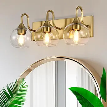 Gold Bathroom Light Fixtures, 3 Light Vanity Light with Clear Glass Shade,L 21" Bathroom Lighting Fixtures Over Mirror