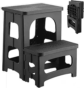 2 Step Stool Foldable, Non-Slip Steps, Folding Step Stool for Adults & Kids, Plastic Stool Pool Ladder, Collapsible Stools 2 Step Ladder for Kitchen Toilet Bedroom Office RV, Holds 330 lbs, Black