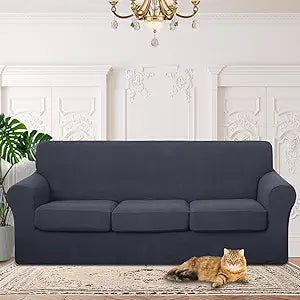 4 Pieces Stretch Couch Cover for 3 Cushion Furniture Protector Sofa Covers Washable Pet Dog Friendly Non Slip Cover with Elastic Bottom(72"-92" Sofa 3 Cushion/Dark Gray)