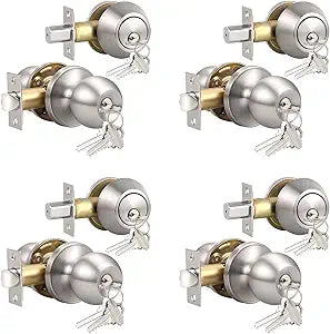 Knobonly Keyed Alike Exterior Door Knob, Round Outdoor Lock with One Sided Deadbolt, Stainless Steel, Satin Nickel Door Knobs, Silver Door Handle Sets, 4 Pack