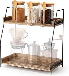 Sieral 2 Tier Coffee Storage Canisters with Shelf 3 x 20oz Glass Coffee and Sugar Container Set Sugar Tea Station Canister Accessories for Bar Kitchen Counter(Paulownia Wood)