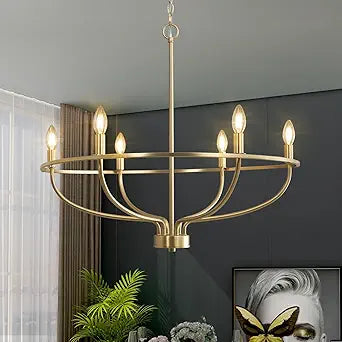 Gold Chandelier, 6 Light Gold Chandelier Light Fixture for Dining Room Chandelier Candle Lighting for Entryway Kitchen Bedroom Living Room 29in Mid Century Chandeliers