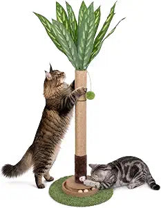 Cat Scratching Post, 35 Inch Tall Cat Scratcher Cat Tree Tower with Hanging Ball for Indoor Cats Adults,Sisal Rope Kitten Scratch with Interactive Mouse Cat Toy (41in, Peacock Plant Leaves)