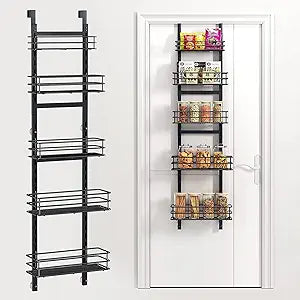 5-Tier Over the Door Pantry Organizer,Cabinet Door Organizer,Kitchen Pantry Door Organizers and Storage,Over the Door Spice Rack,Behind the Door Storage,Door Hanging Organizer,Black