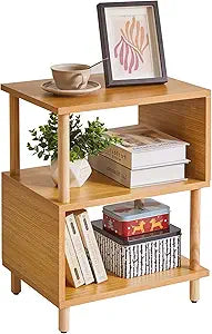Aibiju Wooden Night Stand with Open Shelf, Nightstand with Solid Wood Legs, S-Shaped Bed Side Table 3 Tier, End Table Natural Wood YD-TM152N