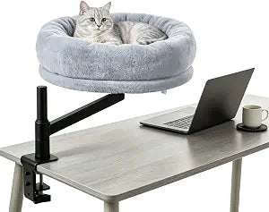 ANWA Cat Desk Bed for Indoor Cats, 360 Rotating & Adjustable Height Cat Bed for Desk with Soft Faux Fur, Heavy Duty Cat Desk Hammock Bed with Metal Frame (Supports 45lbs), Light Gray