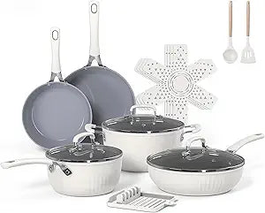 Ammeloo 15-Piece Ribbed Ceramic Cookware Set, Pots and Pans Set Non Stick, Induction Ready, Healthy Non Toxic Kitchen Cooking Set PFAS/PFOA/PTFE-Free, Silicone-wrapped Stay-Cool Handle