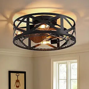 20" Caged Ceiling Fans with Lights, Modern Dimmable Flush Mount Ceiling Fan with Lights Remote, Black Low Profile Ceiling Fan for Bedroom, Kitchen,6 Speed Reversible