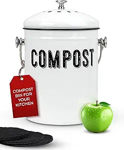 Granrosi Compost Bin Kitchen Counter, 1.3 Gallon Stainless Steel Countertop Composter Pail with Lid, Farmhouse Indoor Compost Bucket, Rust-Free Counter Top Bin with 3 Charcoal Filters, White Oval
