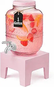 Beverage Dispenser 1 Gallon, Glass Drink Dispenser with Wooden Base Stand, Wide Mouth Jar for Lemonade, Iced Tea, Infused Water, Vintage Kitchen Decor - Pink