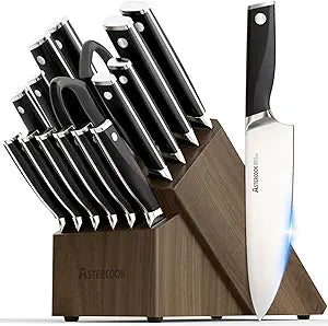 Astercook Knife Set, Kitchen Knives Set with Block and Sharpener Full Tang 17 Pcs German Stainless Steel Knives Sharp Blade Dishwasher Safe Premium Knife Set, Black Mothers Day Gifts for Women