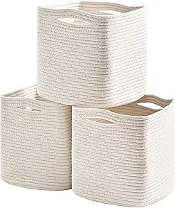 11 Inch Cube Storage Bins, 11x11 Cube Storage Bins for Cube Organizer, Square Cloth Storage Cubes, Woven Storage Baskets for Shelves, Toy Rope Baskets Storage Kids, Off White (Pack of 3)