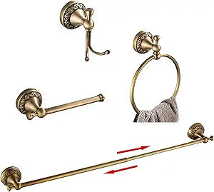 BATHSIR Antique Brass Towel Bar Set, Adjustable Bathroom Accessories Include Expandable Towel Holder Toilet Paper Holder Towel Ring Robe Hook Retro Carved Style Hardware 4 Piece Wall Mount
