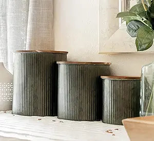 Farmhouse Kitchen Canisters for Countertop - Approx. 5, 4 & 2 Quart/Tin Canisters Sets for the Kitchen/Rustic Home Decor/Modern Farmhouse Decor (Acacia)