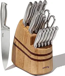SMIRLY 15 Piece Knife Set with Block - Kitchen Knife Sets with Block and Sharpener - Heavy Duty Wooden Block with One-Piece Design Stainless Steel Knives Dishwasher Safe