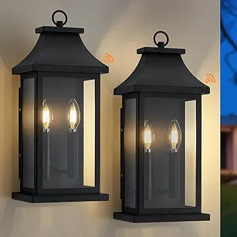 tewei 18'' Dusk to Dawn Outdoor Light Fixture, Porch Lights Outdoor Wall Sconce Lantern, 2-Light Black Exterior Lighting Fixture Wall Mount, Outside Light for House Garage, 2-Pack