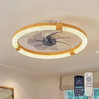 20 Low Profile Ceiling Fan with Lights, Modern Flush Mount Fandelier Ceiling Fan, Dimmable LED Chandelier Fan for Bedroom Kitchen Living Room, Light Wood Color