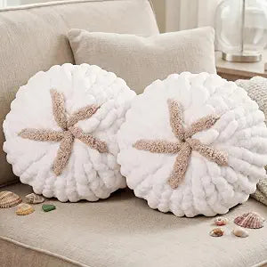 Breling 2 Pcs Hand Crochet Sand Dollar Pillows Knitted Throw Pillows Decorative Pillow Florida Inspired Nautical Gift for Couch Coastal Beach Nursey(Light Brown)