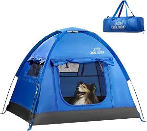 Canine Canyon Luna Portable Dog Tent, Indoor/Outdoor Dog House for Camping, Waterproof Cat and Dog Tents with Zippered Door and Mesh Windows for Airflow and Ventilation for Beach, Backyard, Blue