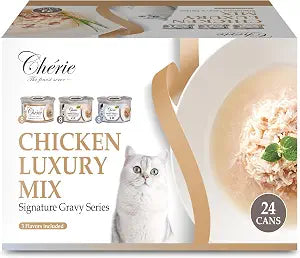 CHRIE Signature Gravy Series Wet Cat Food in Gravy Chicken Luxury Mix Complement Variety Pack, Shreds with Chicken, Beef, Chicken Liver Entree - Grain-Free, Healthy, Hydration, 24 Pack, 2.8 oz. Can