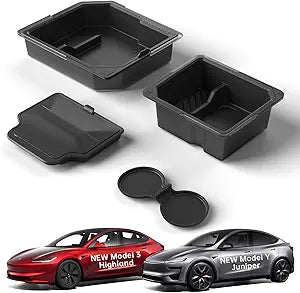 Center Console Organizer Tray for Tesla Model Y Juniper Accessories 2025 2026/For Tesla Model 3 Highland Accessories 2024 2025 2026, Hidden Storage Box, Cup Holder Armrest Drawer Organizer, 4PCS Black