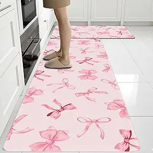 Bow Rugs for Kitchen Floor, 2PCS Anti Fatigue Pink Bow Mats for Kitchen Floor Rubber Non Slip, Washable Cushioned Bowknot Carpet Rug for Sink Laundry Gifts for Christmas 15.7"27.5" +15.7"47" 3.5mm