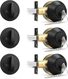 Probrico Keyed Alike Single Cylinder Deadbolts Flat Black, Keyway Keys Handleset, 3 Keys Interior& Exterior Door Hardware for Entrance Lock and Front Gate, 3 Pack