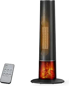 Tower Heater for Indoor Use - 25" Portable Space Heater with 3D Flame, Remote, Adjustable Thermostat, 2 Heat Modes, Multiple Safety Protection, 12H Timer, Quiet Electric Heater for Large Room