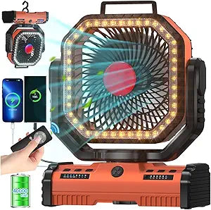 ADUST 12 Inch Camping Battery Operated Powered Fan with LED Lantern Light,40000mAh Rechargeable Portable Oscillating Fan with 360┬░ Rotation Hanging Hook for Tents, Cordless USB Desk Fan(Orange)