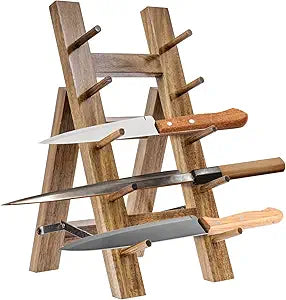 MyGift 5 Tier Premium Acacia Solid Wood Universal Kitchen Knife Holder, Foldable A-Frame Countertop Cutlery Display Stand, Chef Knives Storage Drying Rack