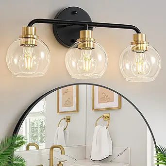 3 Light Bathroom Vanity Light, Black and Gold Bathroom Light Fixtures with Clear Glass Shade Modern Wall Sconces Lighting Bath Wall Lights Lamp for Mirror Kitchen Living Room Bedroom Hallway Cabinet