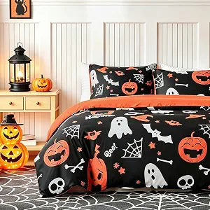 Lekesky Halloween Black Duvet Cover Queen Size, Pumpkin and Ghost