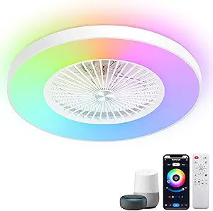 24" RGB Bladeless Ceiling Fan with Light, Low Profile Ceiling Fan with APP/Voice/Remote Control, 6-Speed Quiet DC Motor, Dimmable Color Changing LED, White