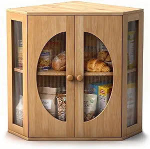 Corner Bread Box for Kitchen Countertop: Bamboo Storage Container for Homemade Bread, Two Layer Breadbox under Cabinet Mount, Large Bread Holder for Kitchen Counter, Pantry Shelf