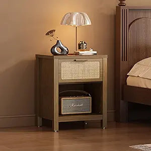YAUKOMEL Rattan Nightstand, Mid Century Modern Bedside Table with Opening Storage,Large Side Table with Drawer,Boho Night Stand,Wooden End Table,Handmade Solid Wood Handle,Walnut CTG65BR