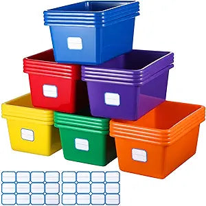 Hoolerry 24 Pcs Plastic Cubby Storage Bins Classroom Cubby Organization with Self Adhesive Labels Bin Small Stackable Storage Containers Toy Book Box for School(11.5 x 7.5 x 5 Inch,Colorful)