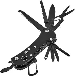 Amazon Basics 15-in-1 Stainless Steel Multitool Pocket Knife with Sheath for Hiking, Camping, Survival, Black, Pocket Size