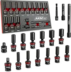 3/8" Drive Universal Impact Socket Set, 17 Piece Deep Swivel Socket Set, Wobble Sockets, Flexible, 6-Point, Metric, 8-19mm, Cr-Mo with 3" 6" Extension Bars and Adapter