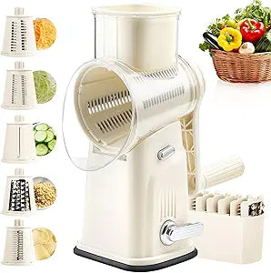 Rotary Cheese Grater with Handle, Vegetable Shredder with 5 Replaceable Blades & Strong Suction Base, Round Food Slicer & Chopper for Kitchen Fruit Vegetables Nuts with Blade Storage Box (Beige)