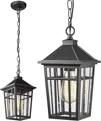 Darkaway Outdoor Pendant Light Fixture, Outdoor Hanging Light Porch Lights Fixtures Anti-Rust Waterproof Aluminum with Seeded Glass for Porch Entryway Doorway Farmhouse Black