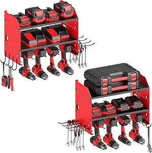 CCCEI Pack of 2 Modular Power Tools Organizer, Drills and Battery Storage Wall Mount, Garage Shop Organization, Anniversary, Birthday, Gifts for Men, Father, Red.