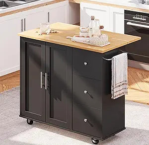 SUNLEI Kitchen Island on Wheels with Storage Cabinet & Foldable Drop Leaf, Rolling Kitchen Table, Cart Handle for Towel Rack, Drop Leaf, Portable Islands for Kitchen (Classic Black, 39.7-INCH)
