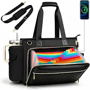 Teacher Tote Bag with Colourful Accordion File Organizer Pocket, USB Port& 15.6 Inch Laptop Compartment, Large Work Bag with Insulated Pocket for School Teacher Essential Nurse Women (Black)