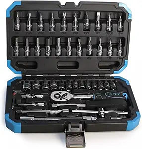 FIXTEC 46-Piece 1/4-Inch Drive Socket Ratchet Wrench Set, Metric Socket & Bit Set with Extension Bars, Universal Joint and Storage Case, CR-V Steel Tool Kit for Auto Repair and Home Maintenance